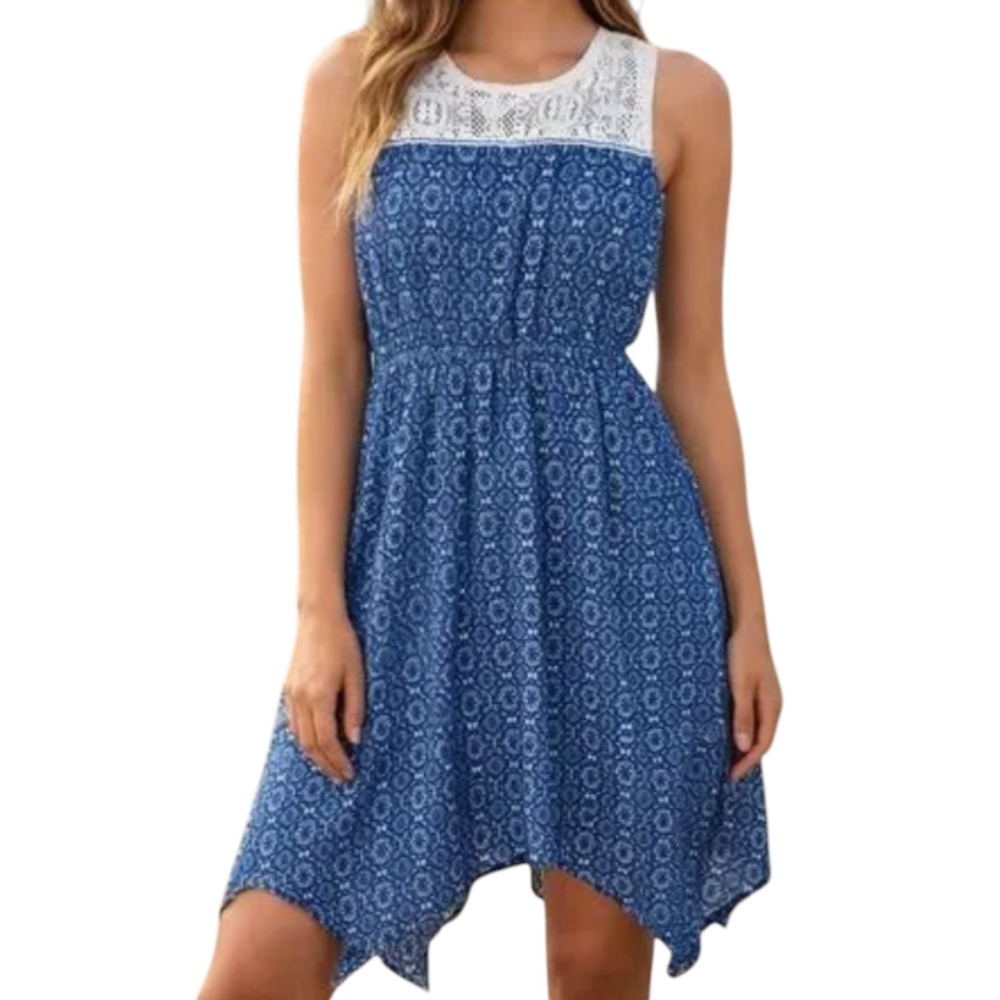 WRANGLER BOHO DRESS Farmhouse Cowgirl BLUE BANDANA PRINT Lace Yoke Hanky Hem XL